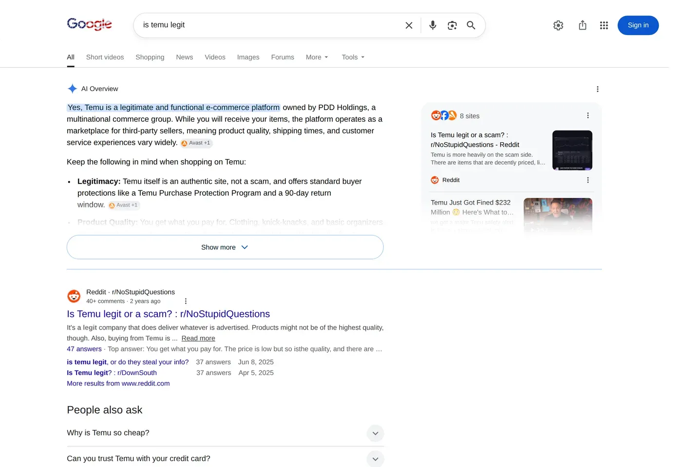 Google AI Overview answering an "is this brand legit" query with cited sources — the citation list is where impersonation domains surface