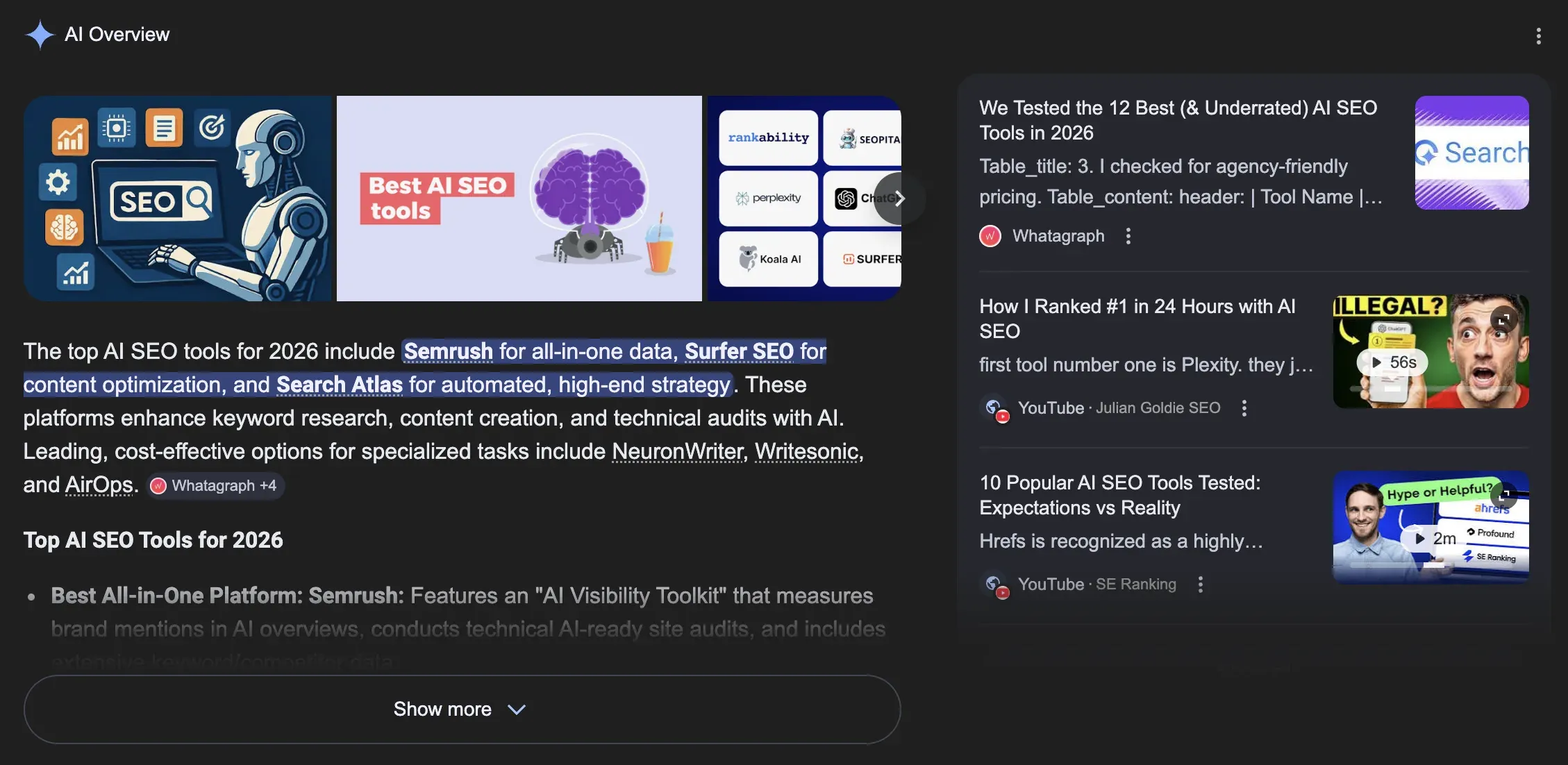 Google AI Overview UI showing AI-generated answer with inline video citations and sponsored ad cards