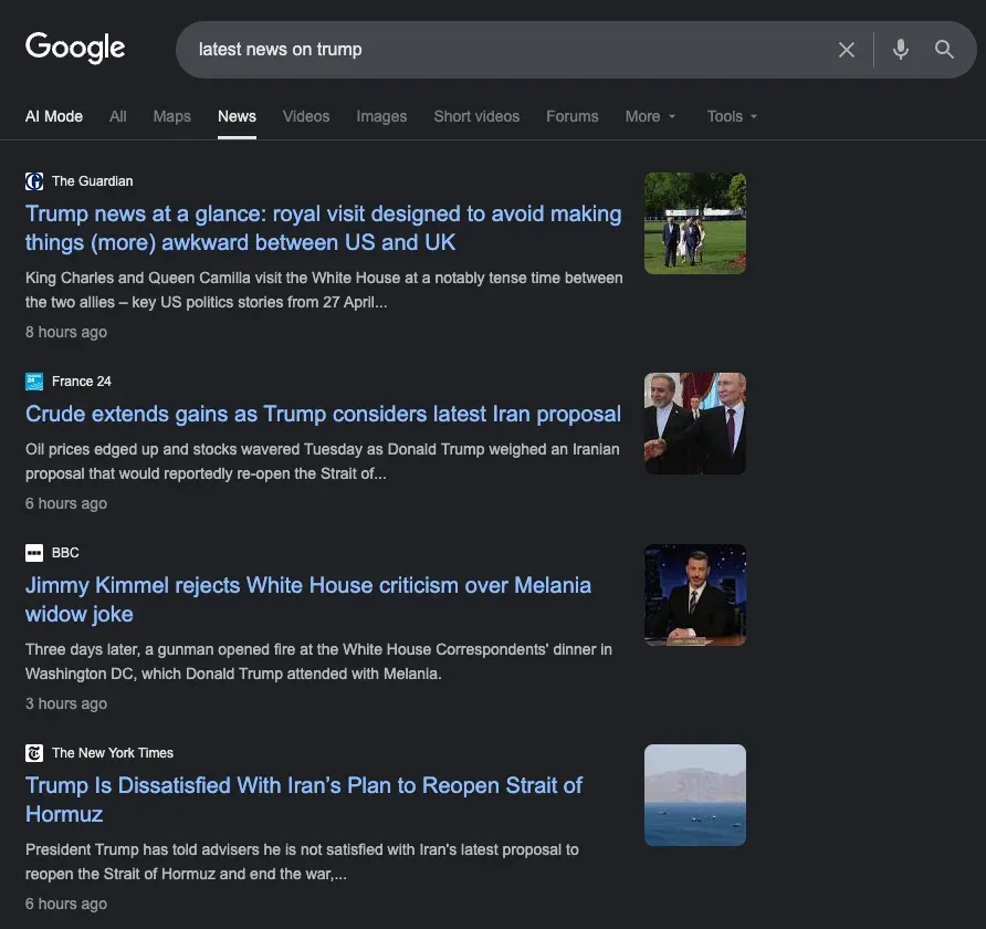 Google News results panel showing variable article ranking across sessions