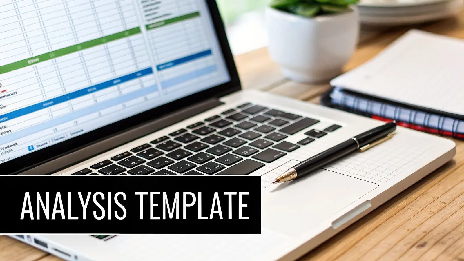 A laptop displaying a spreadsheet analysis template, with a pen and notebooks on a wooden desk.