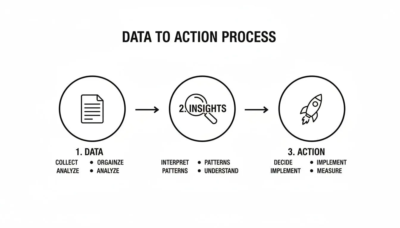 An infographic illustrating the 'Data to Action Process' with three steps- Data, Insights, and Action, connected by arrows.
