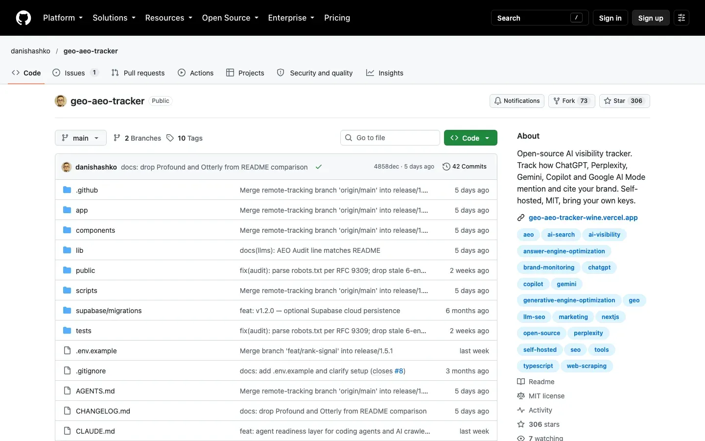 GEO/AEO Tracker repository on GitHub