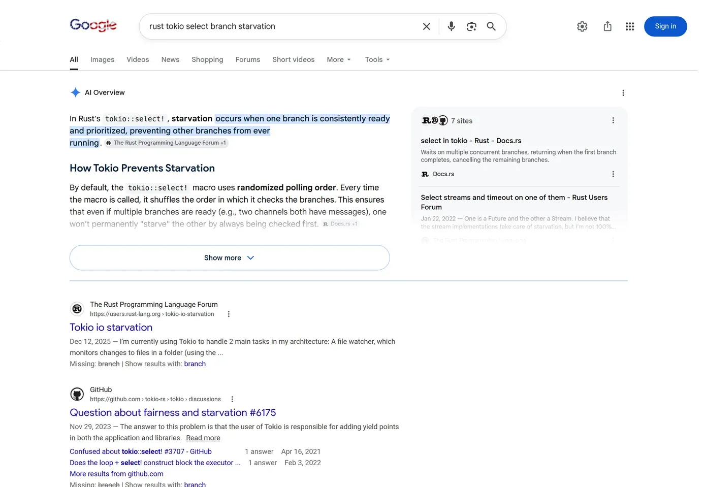 Google results for an operator-scoped technical query returned as ranked, parseable entries