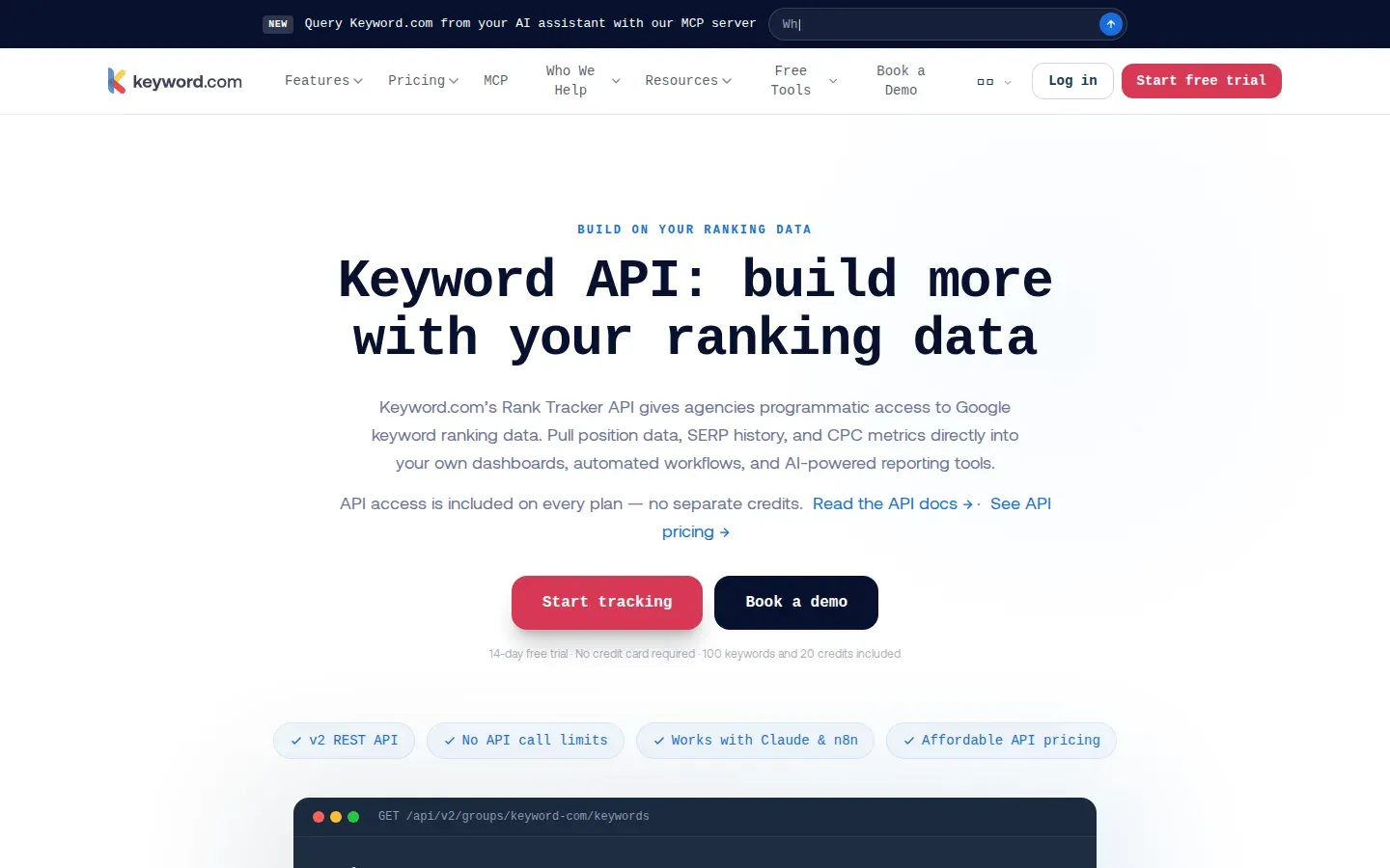 Keyword.com rank tracker API page