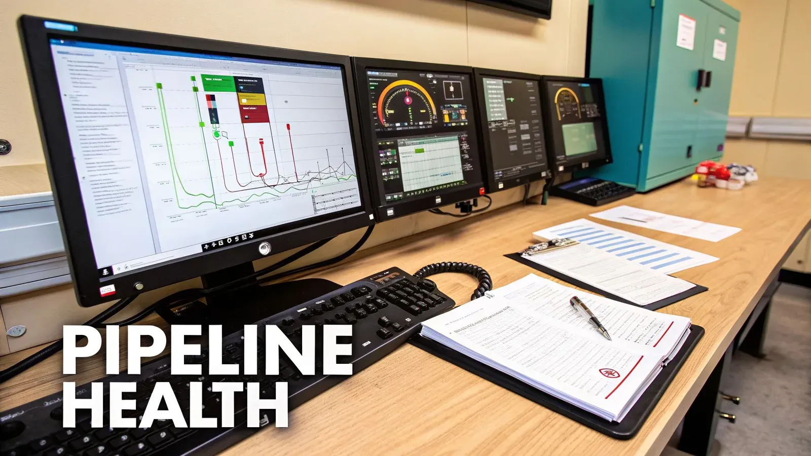 Multiple computer screens in a control room display pipeline health monitoring data and charts.
