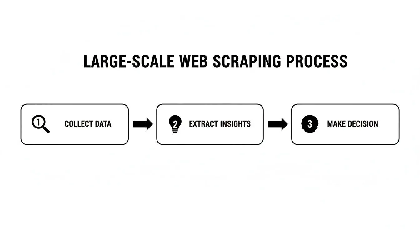 A flowchart illustrates the large-scale web scraping process with steps: collect data, extract insights, and make decisions.