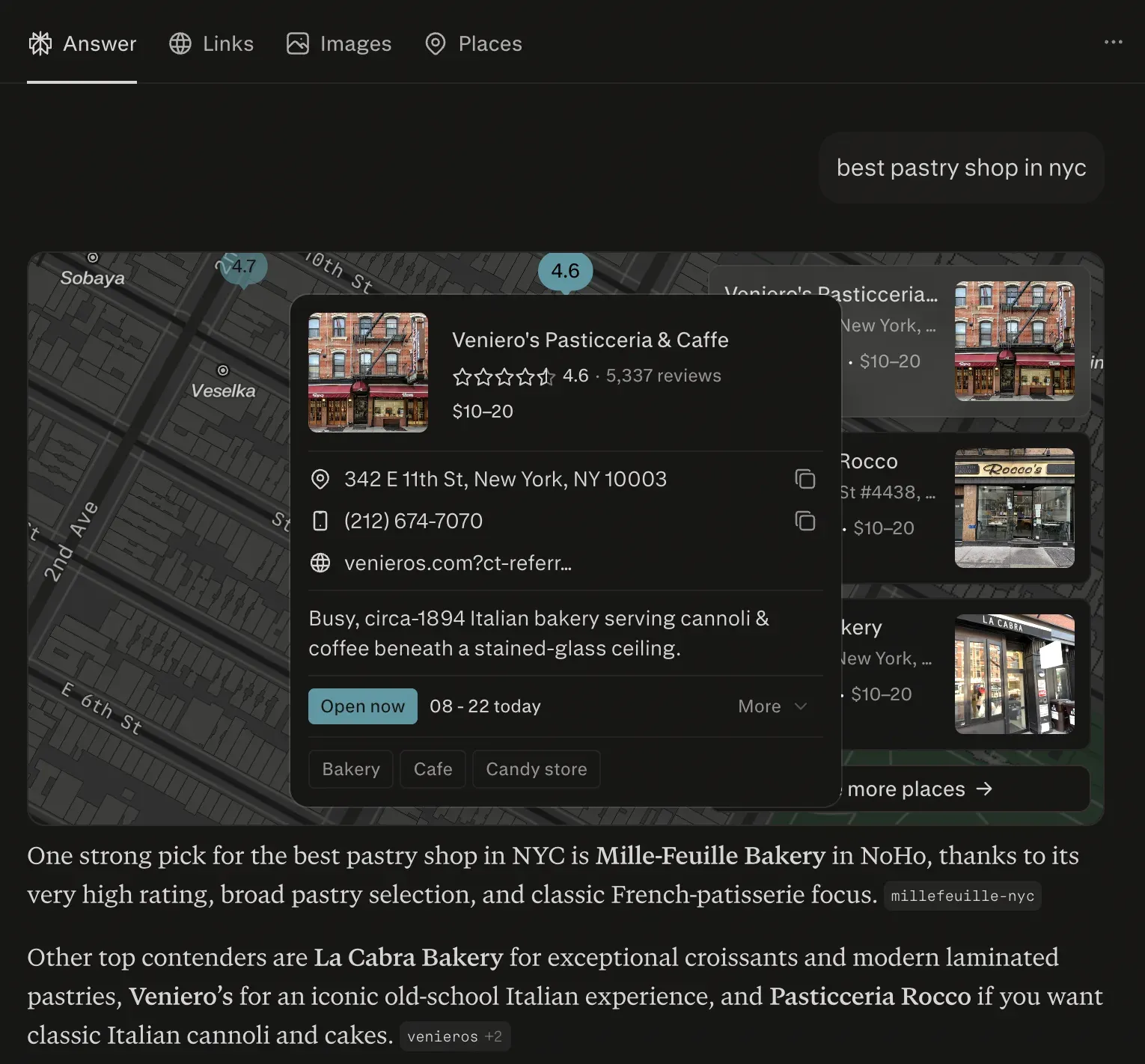Perplexity Places UI showing a NYC map with place cards listing pastry shops, hours, ratings, photos, and contact info