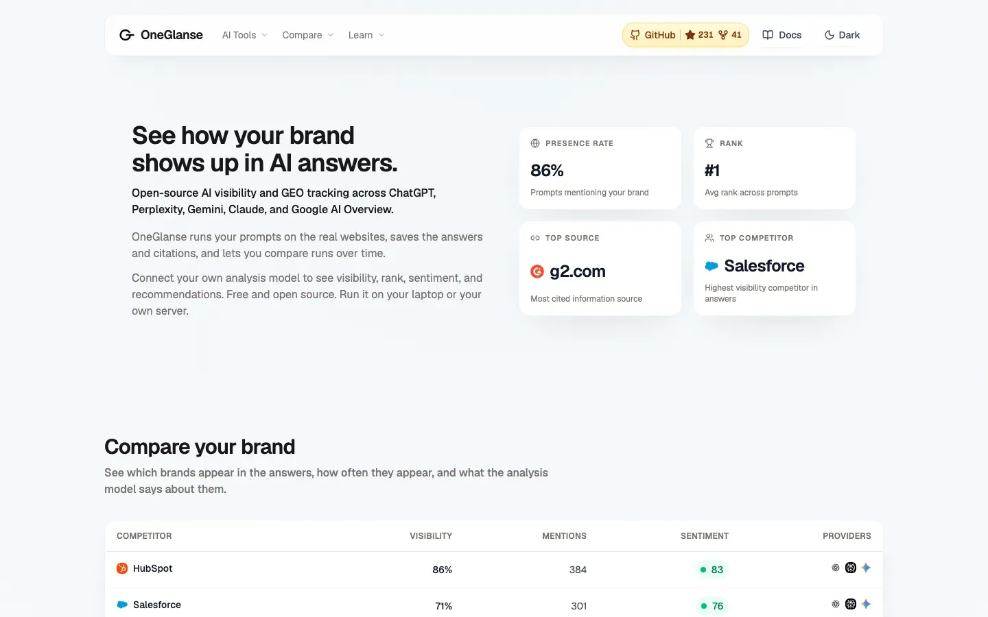 OneGlanse homepage