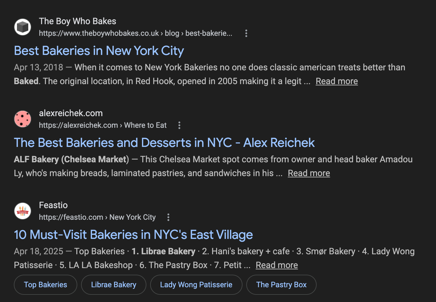 Google SERP organic results panel showing ranked listings with title, link, and snippet