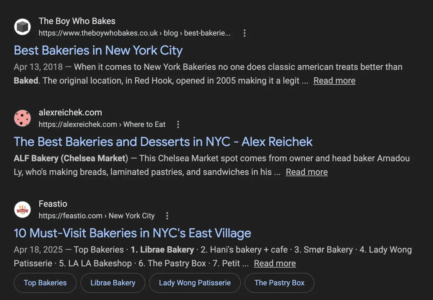 Google SERP organic results panel showing ranked listings with title, link, and snippet