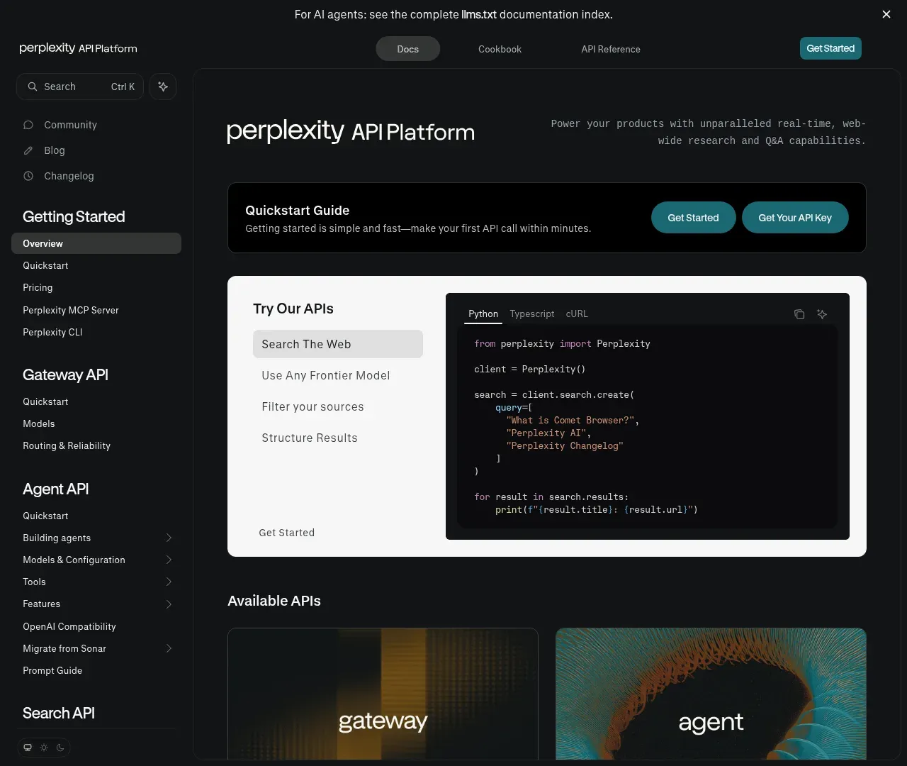 Perplexity developer docs homepage