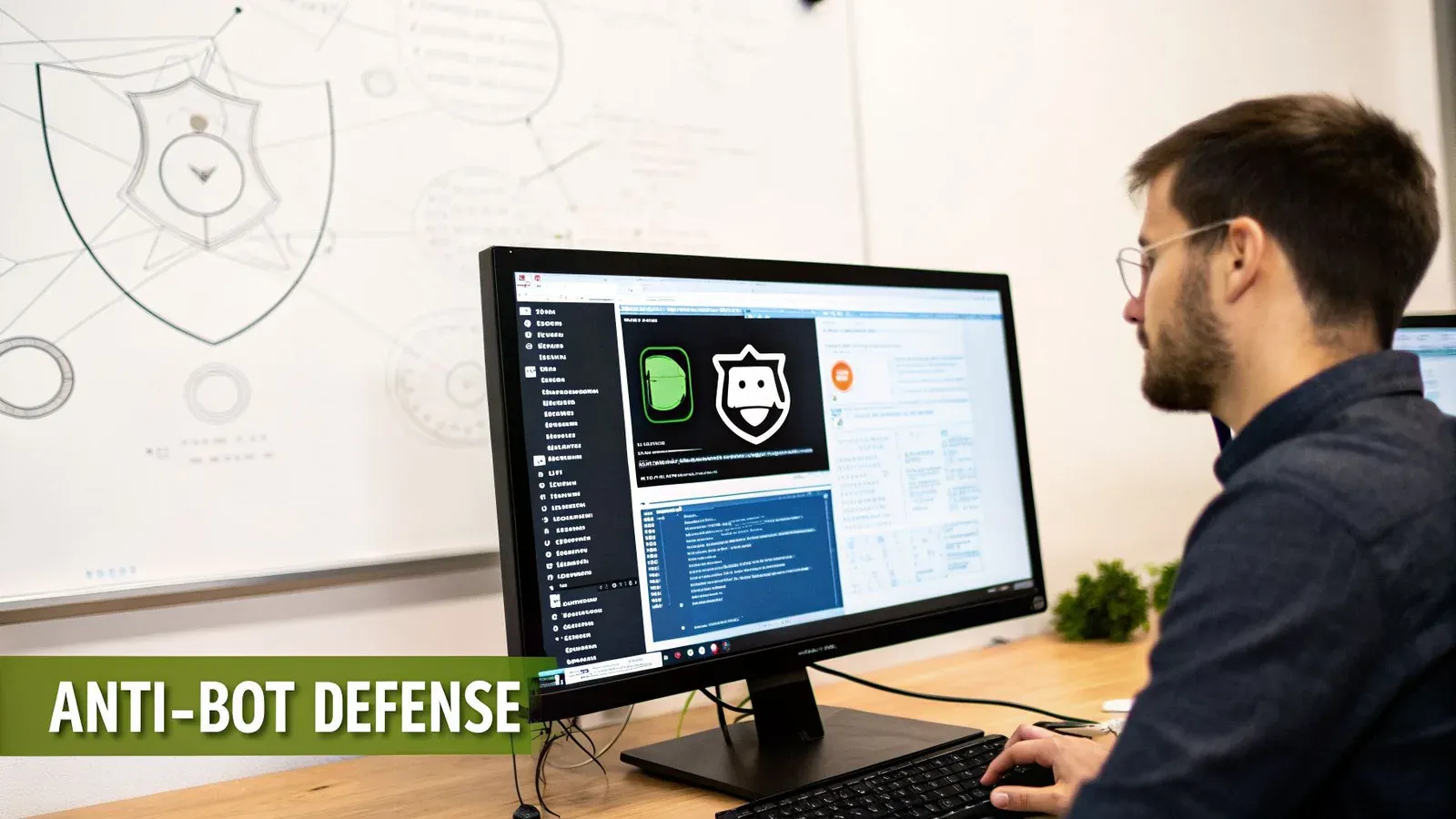 A man works at a computer displaying security software with bot and shield icons.