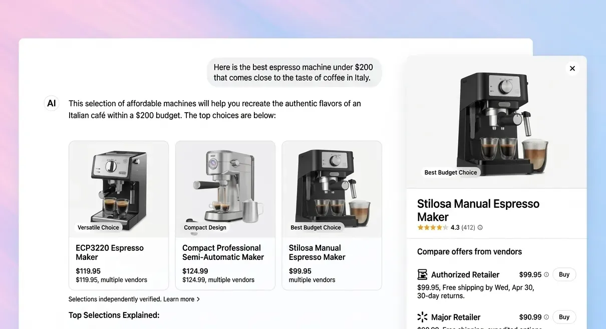 ChatGPT shopping cards UI showing espresso machine product cards with price and rating
