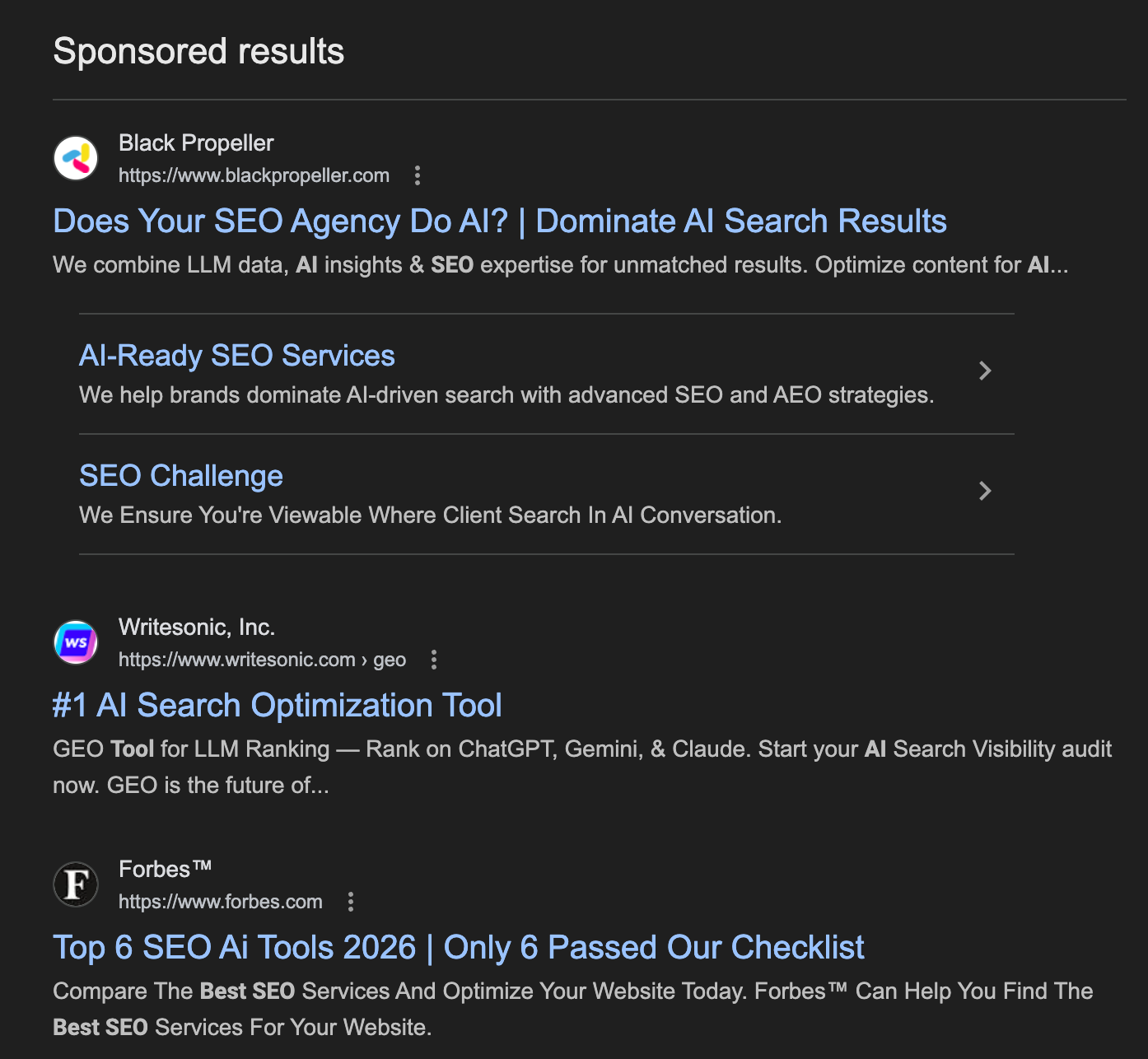 Google SERP sponsored ads block showing top-position ads with title, URL, description, and sitelinks