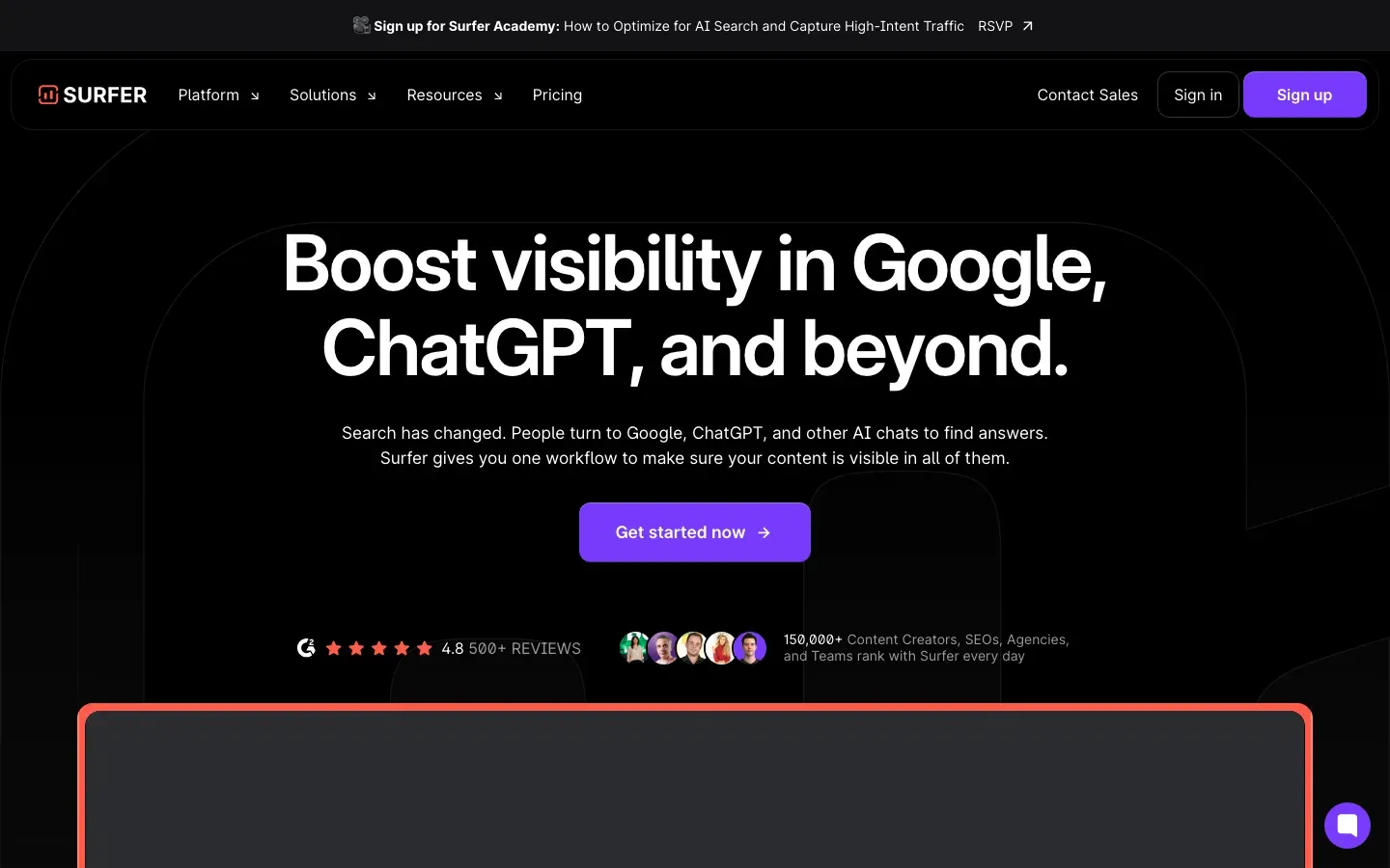 Surfer SEO homepage